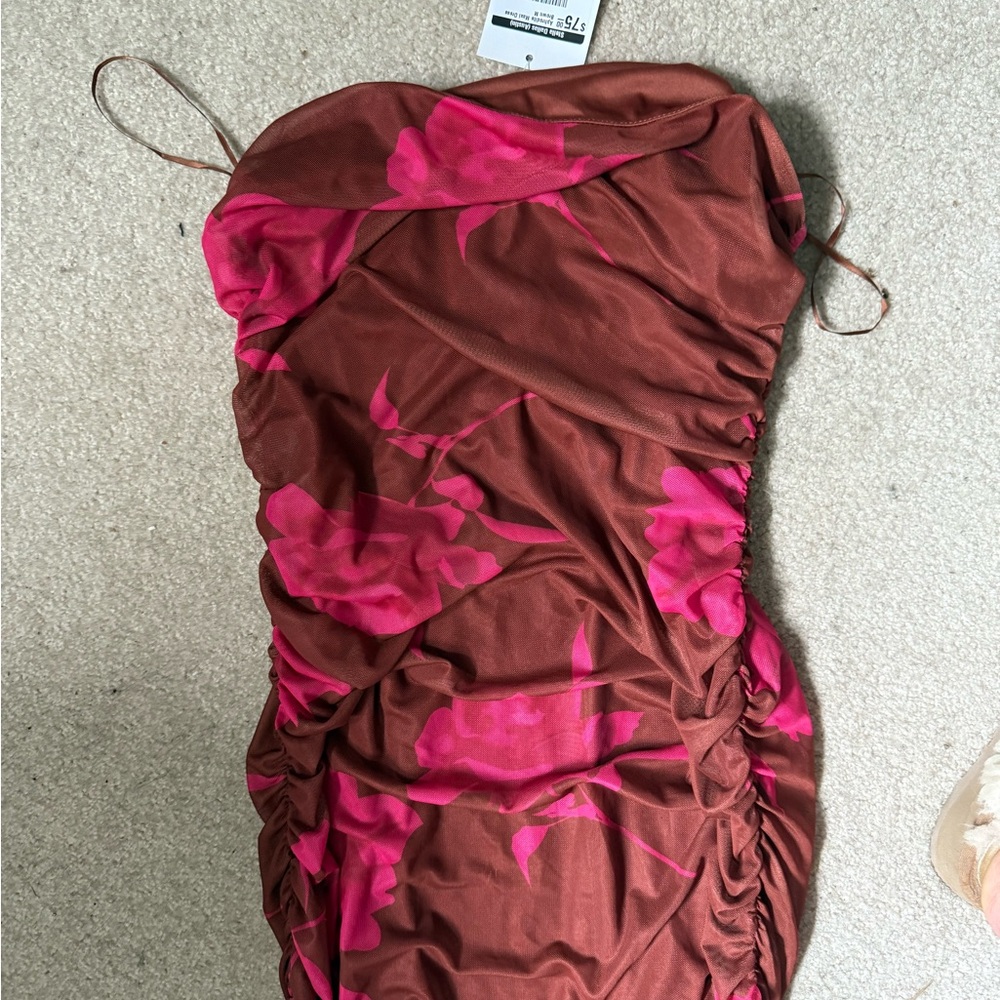 Brown and Pink Ruched Strapless Bodycon Dress